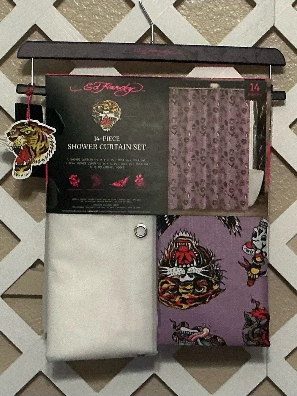 Ed Hardy Purple Tiger Motif Shower Curtain Set with Gold Hooks
